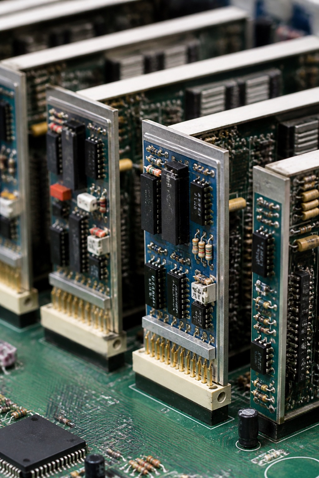 Macro photograph of a circuit board with several modular socketed components under cool blue laboratory light