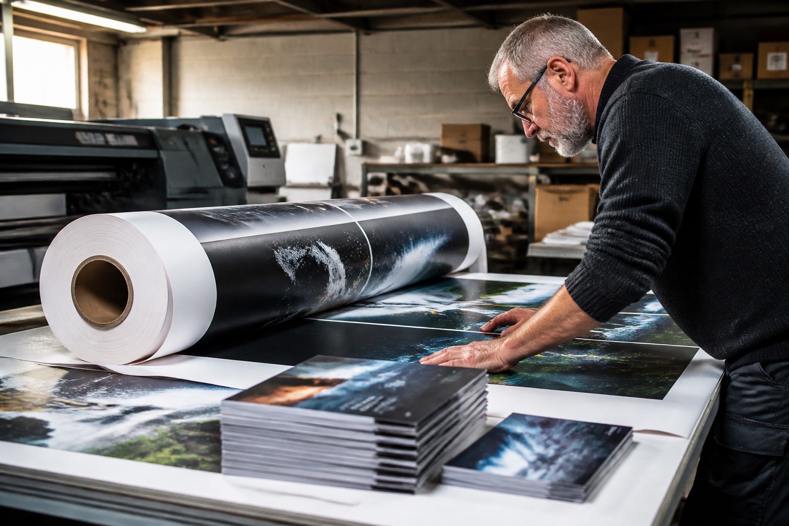 A roll of printed paper banners on a print shop counter beside guillotine-cut flyers, workbench light