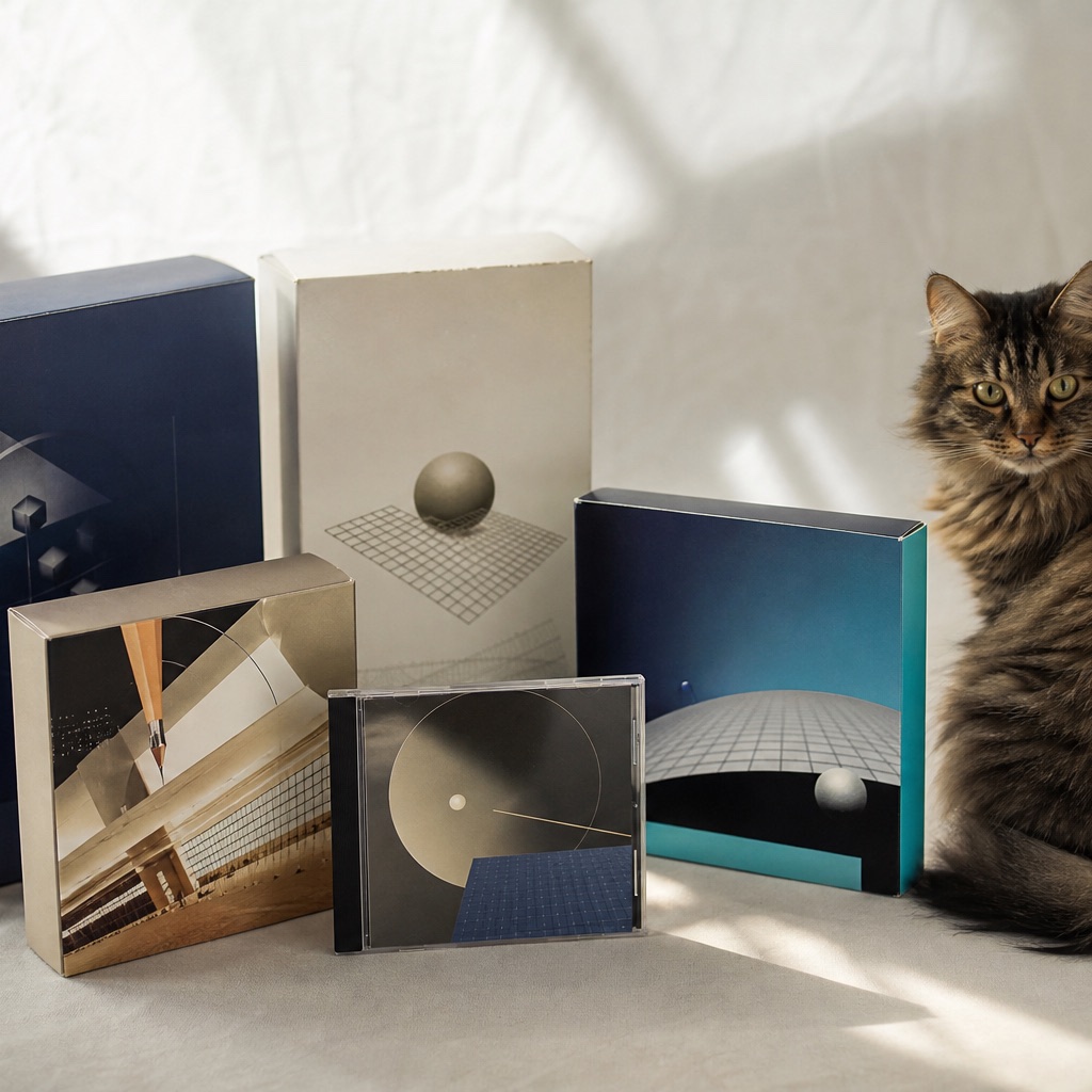 Museum-style still life of generic 1990s software boxes and a CD jewel case on cream paper under soft window light