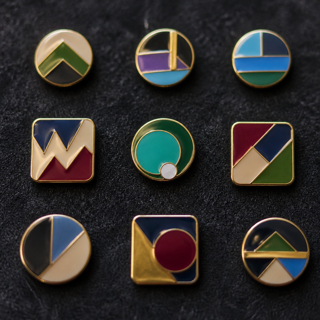 Macro photograph of small glossy enamel pin-style badges arranged in a grid on dark felt, studio light