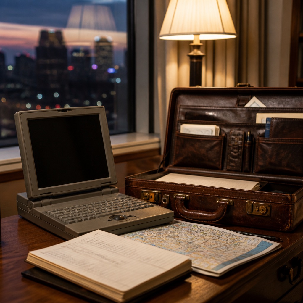 A worn leather briefcase beside a thick laptop on a hotel room desk, city lights out the window at dusk