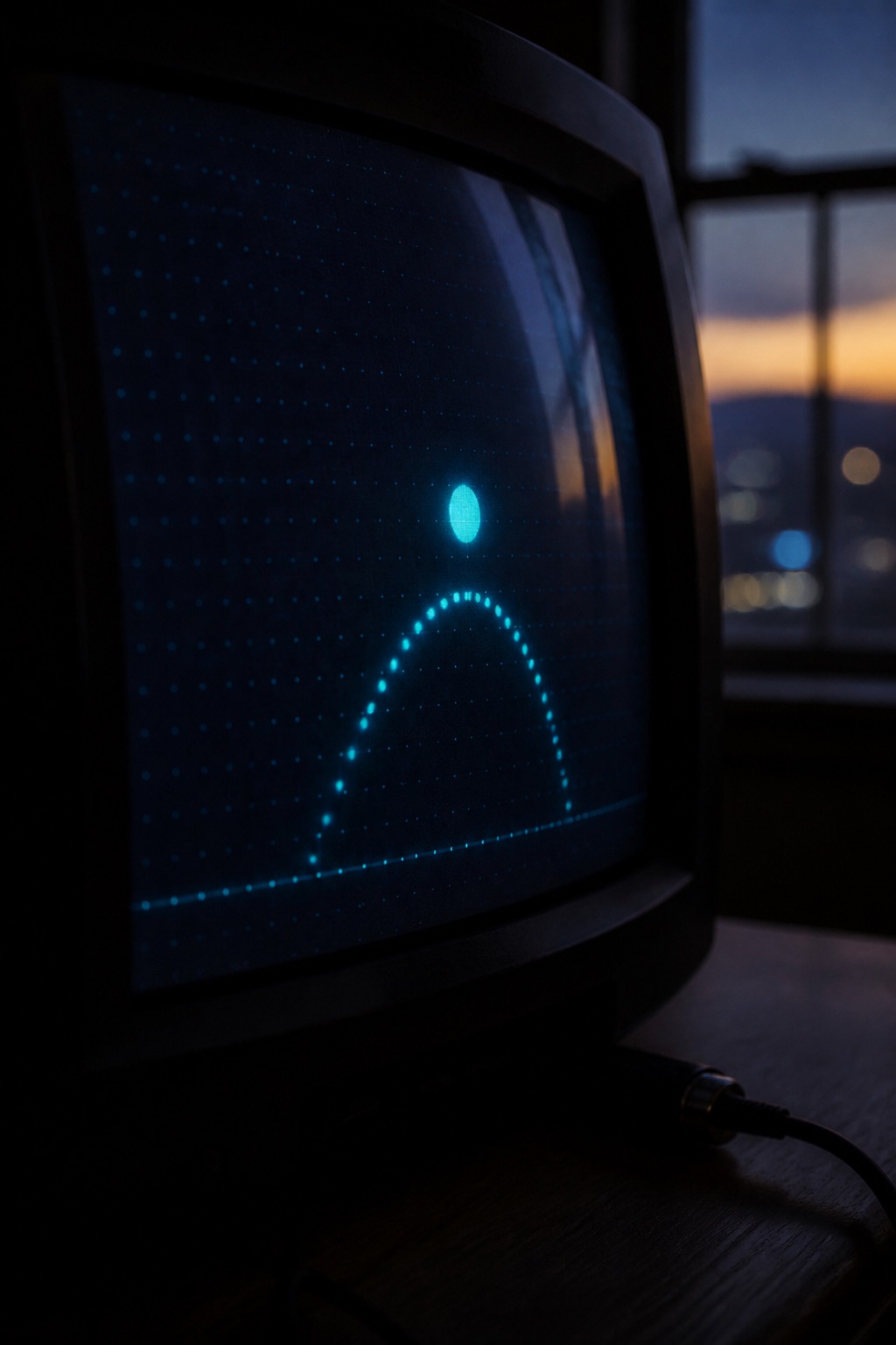 Close-up of a CRT screen at dusk showing a simple bright circle bouncing above a faint dot grid, blue phosphor glow