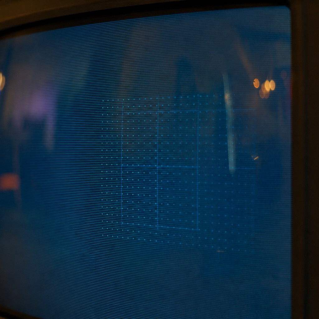 Macro shot of a curved CRT screen with abstract horizontal scanlines and a faint blue dot-grid pattern