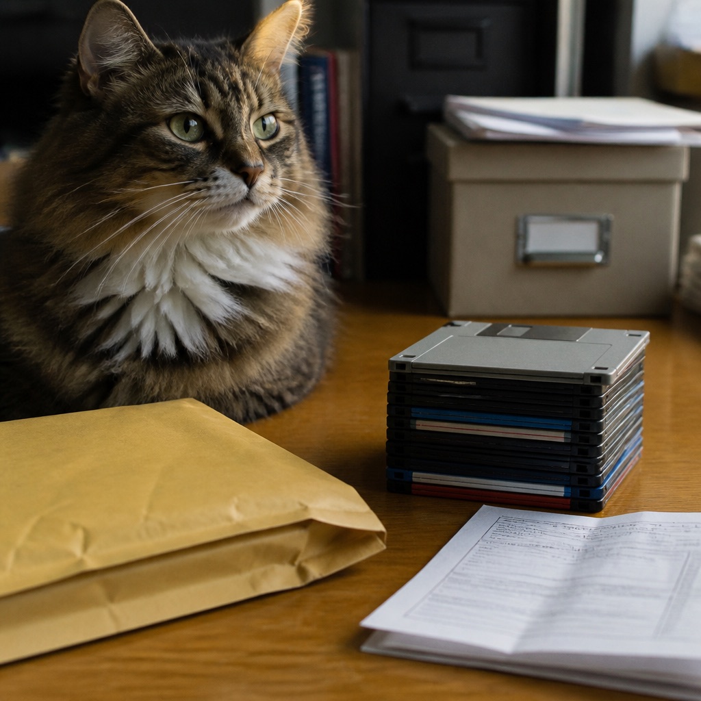 A neat stack of floppy disks beside a padded mailer envelope on a wooden desk, soft daylight