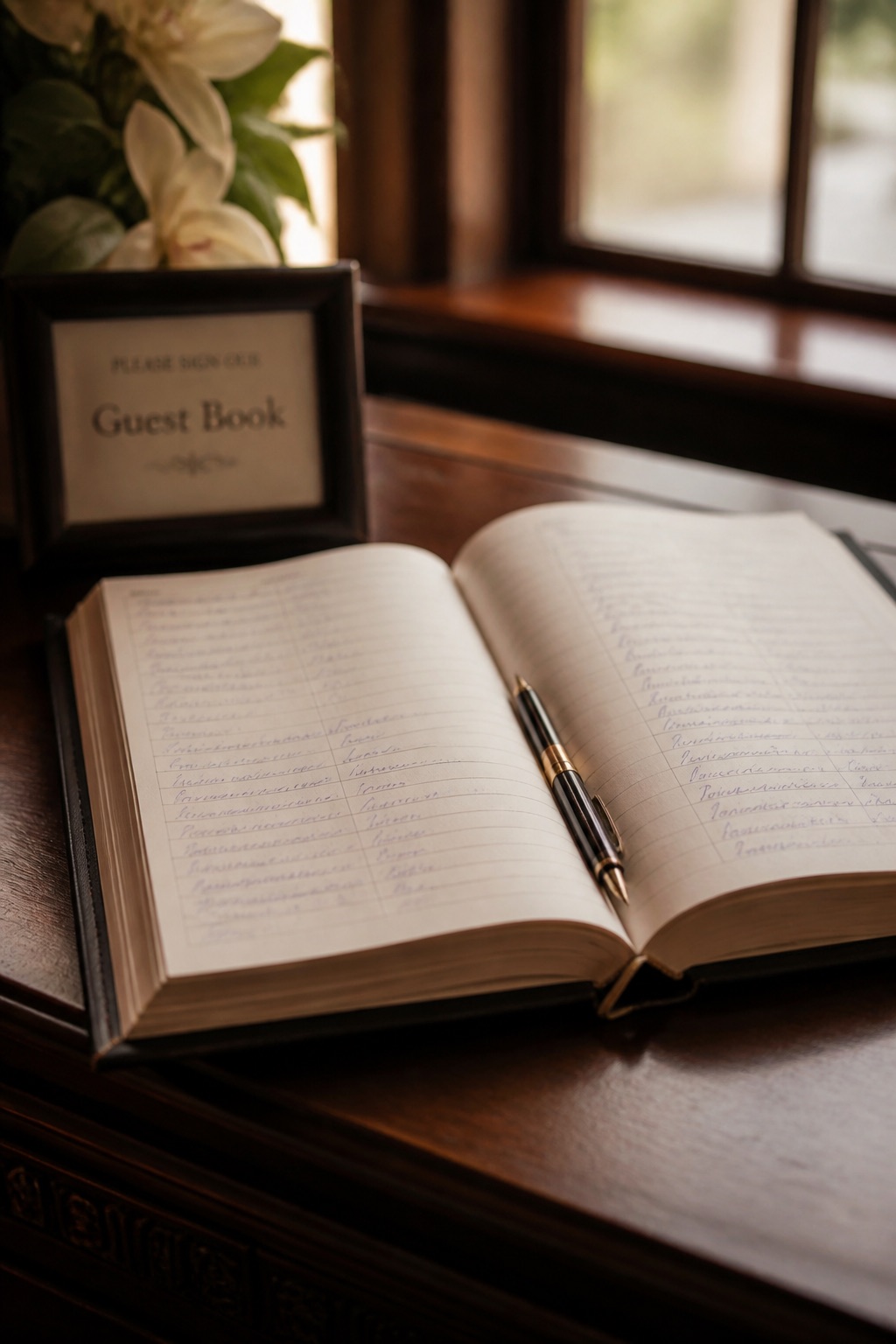 An open guest book with ruled pages and a fountain pen resting on it at a reception desk, warm afternoon light