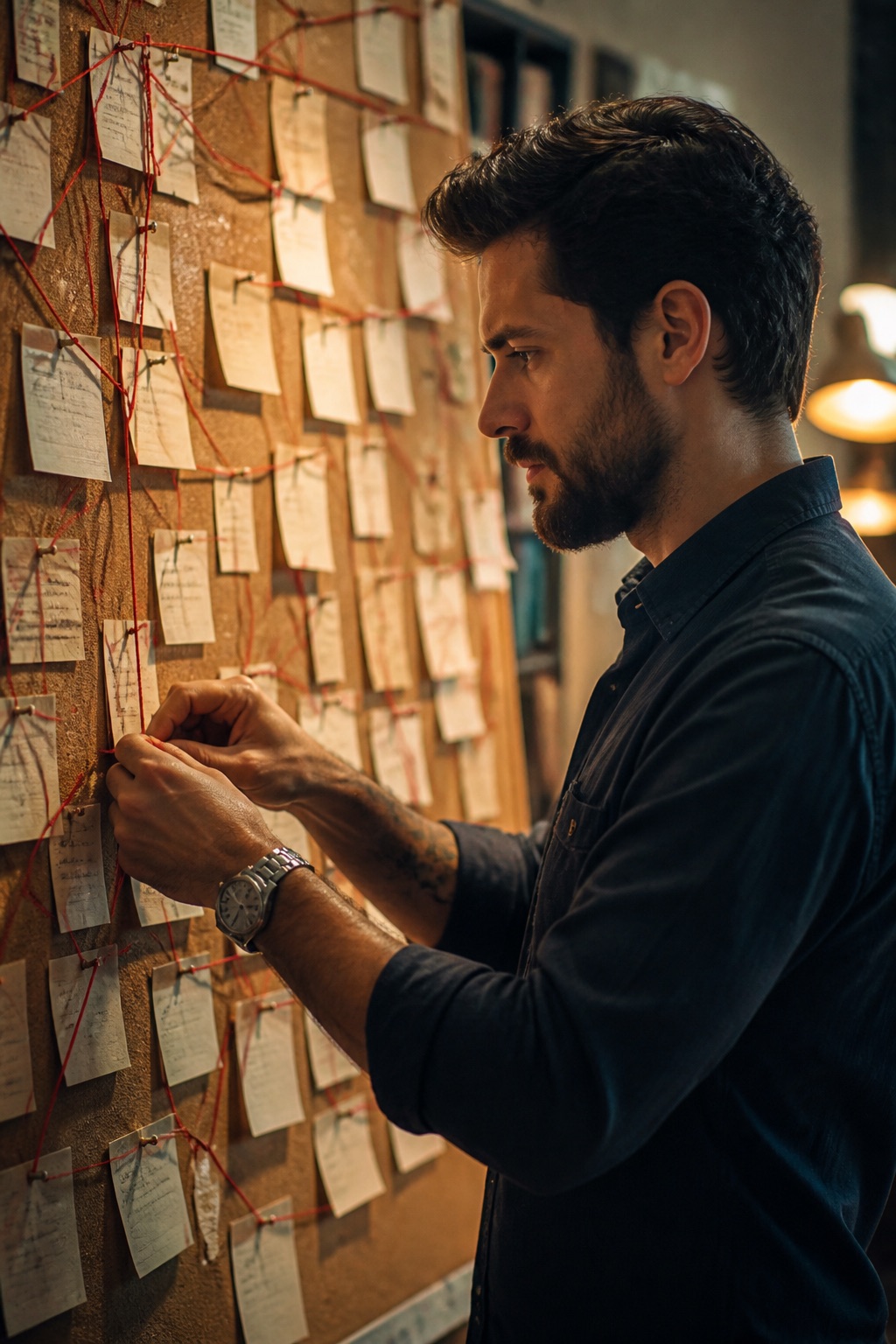 A corkboard covered with pinned paper cards connected by red string, warm lamplight