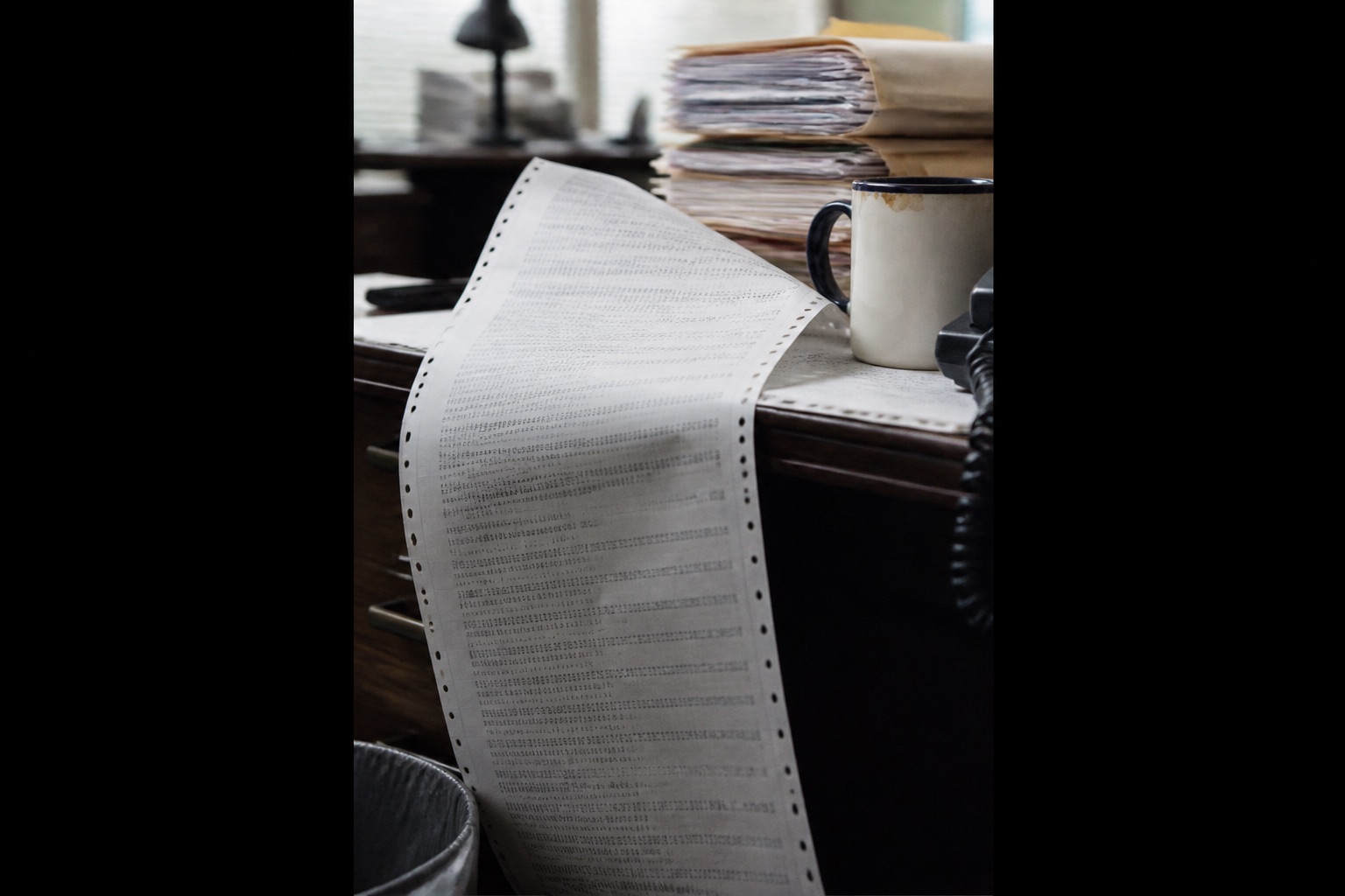A continuous-feed dot-matrix printout with faint rows of text lying on a desk beside a coffee cup, morning light
