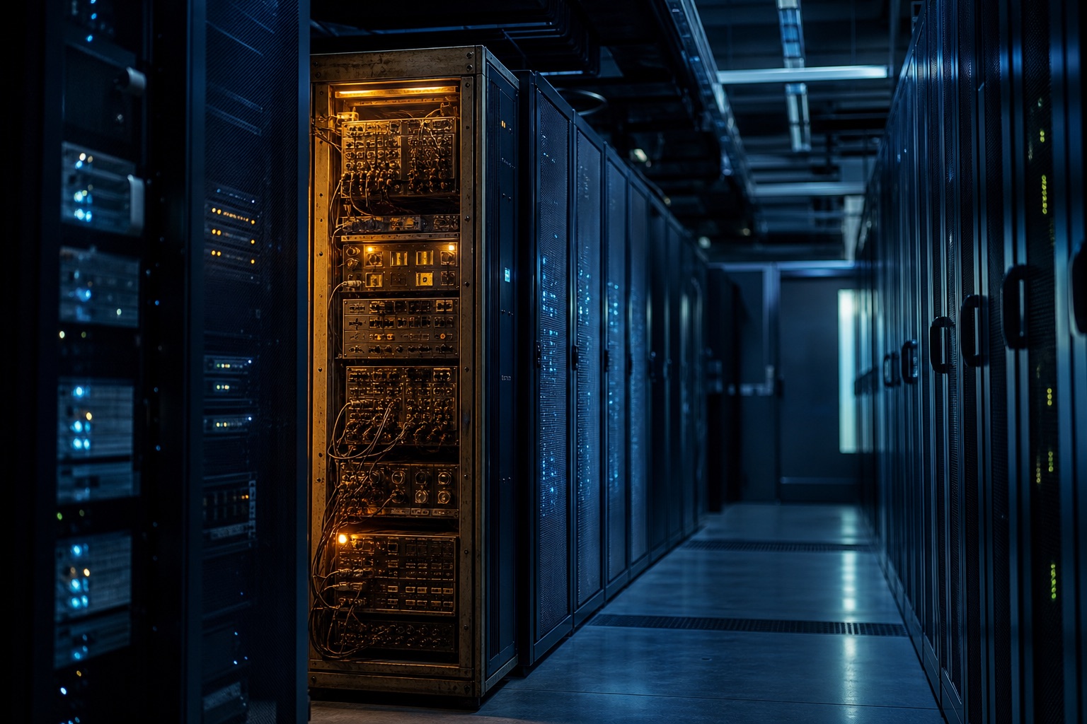 Dark server-room corridor with one vintage amber-lit rack glowing among modern navy-blue racks