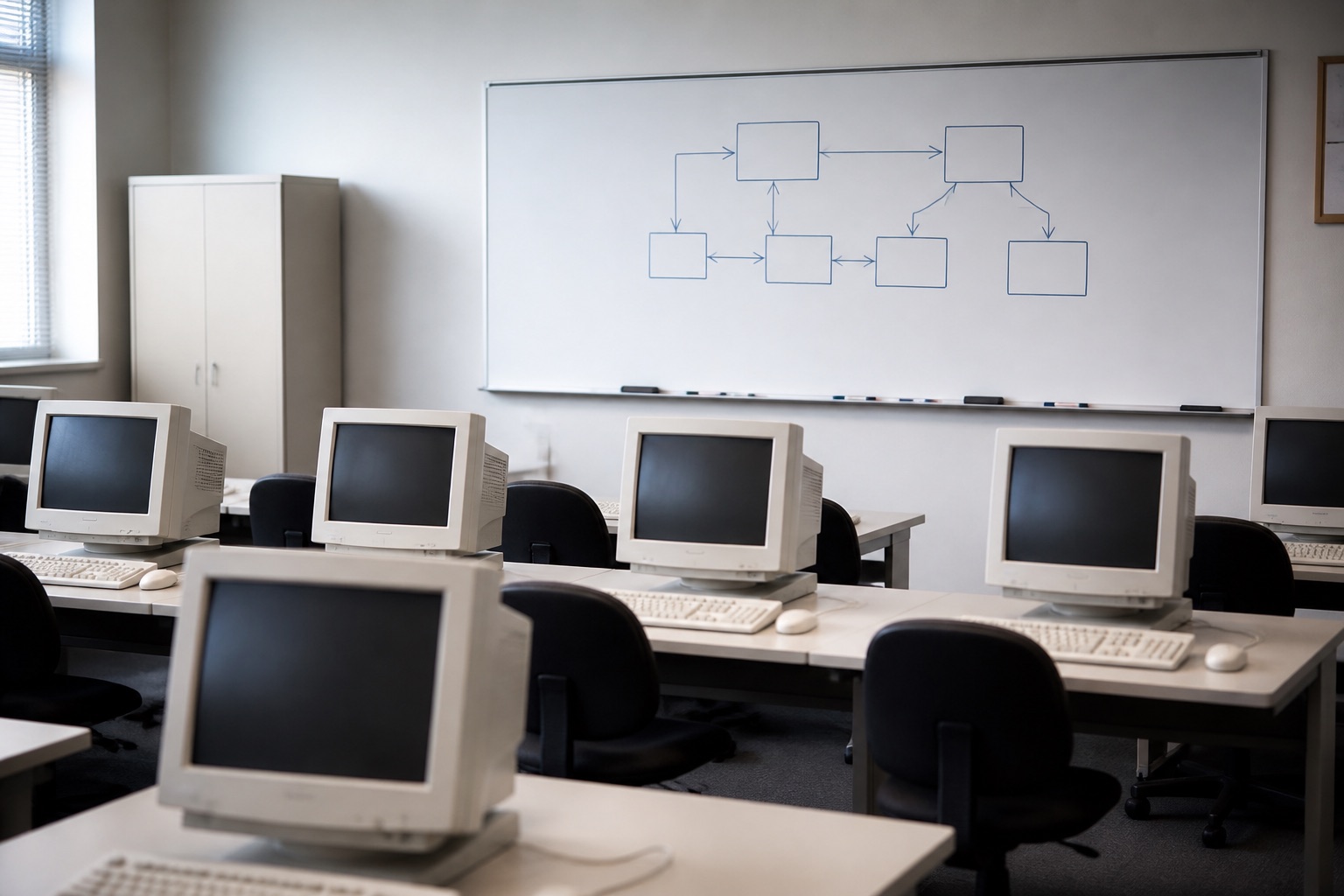 A bright training room with rows of beige monitors and a whiteboard carrying a simple hand-drawn flowchart