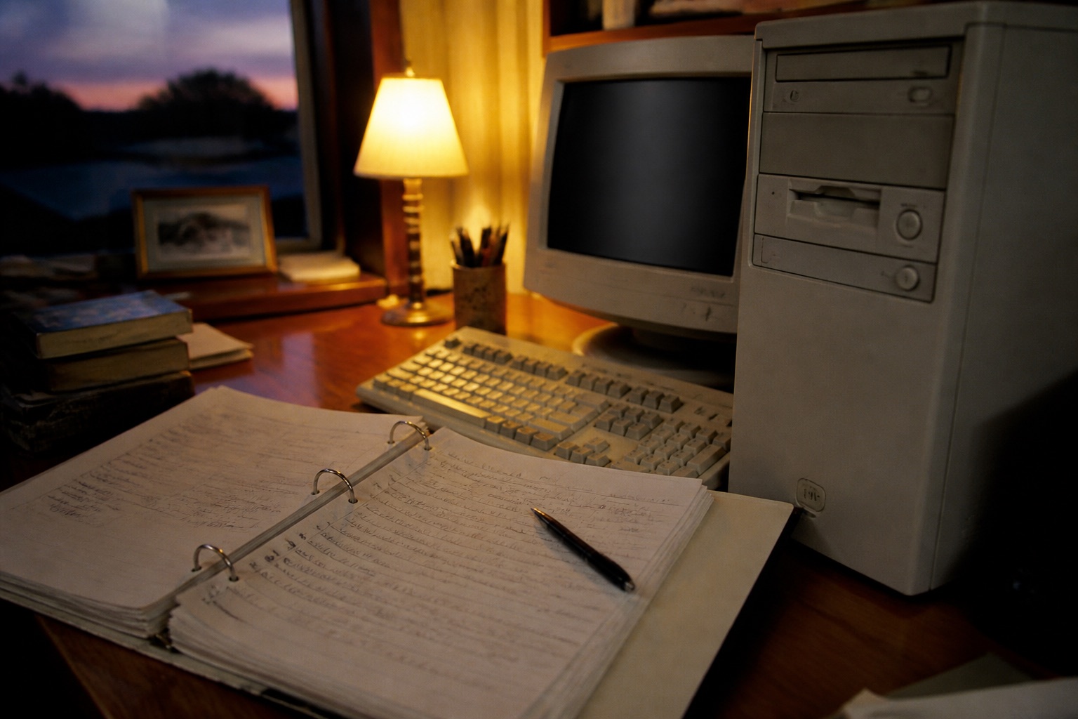 A 1990s desk with a ring binder of handwritten programming exercises beside a beige desktop computer under a warm desk lamp